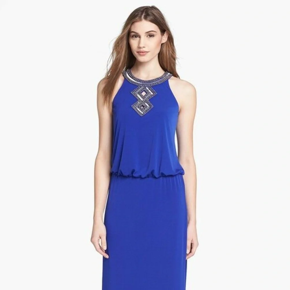 NWT $325 Laundry by Shelli Segal [ 10 ] Embellished‎ Blouson Gown in Blue